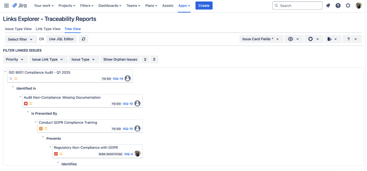 Teams can export issue relationships, providing evidence of compliance for external and internal audits.