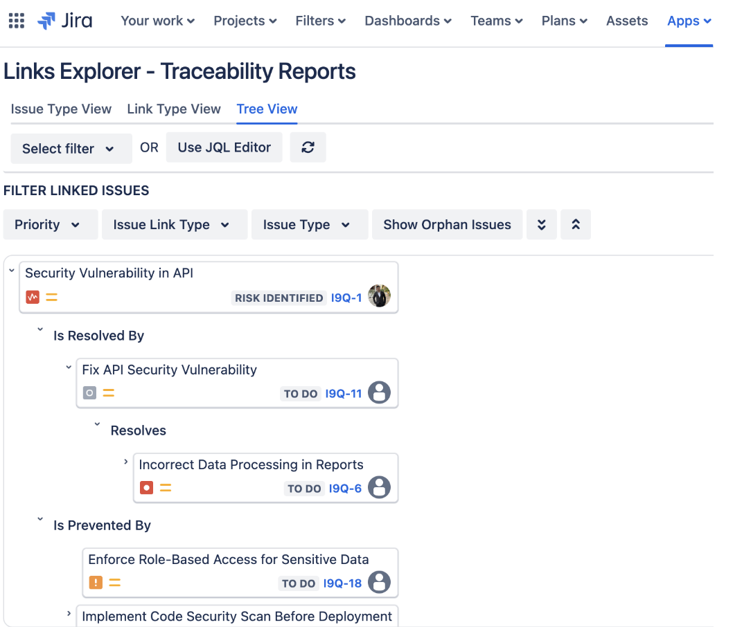 Hierarchical view helps teams quickly trace how risks translate into actions and audits.
