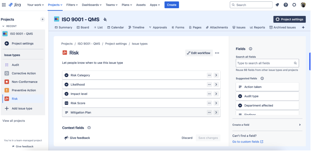 Fields such as Risk Level (Low, Medium, High) help prioritize compliance tasks.